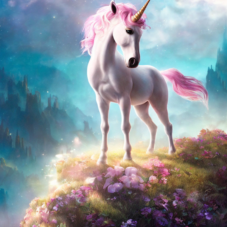 Majestic unicorn with pink mane on flowering hilltop in castle-filled landscape