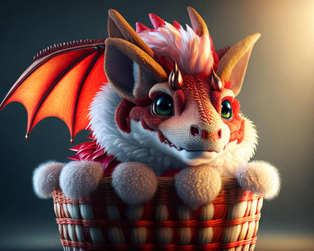 Red and White Cartoon Dragon with Green Eyes in Wicker Basket