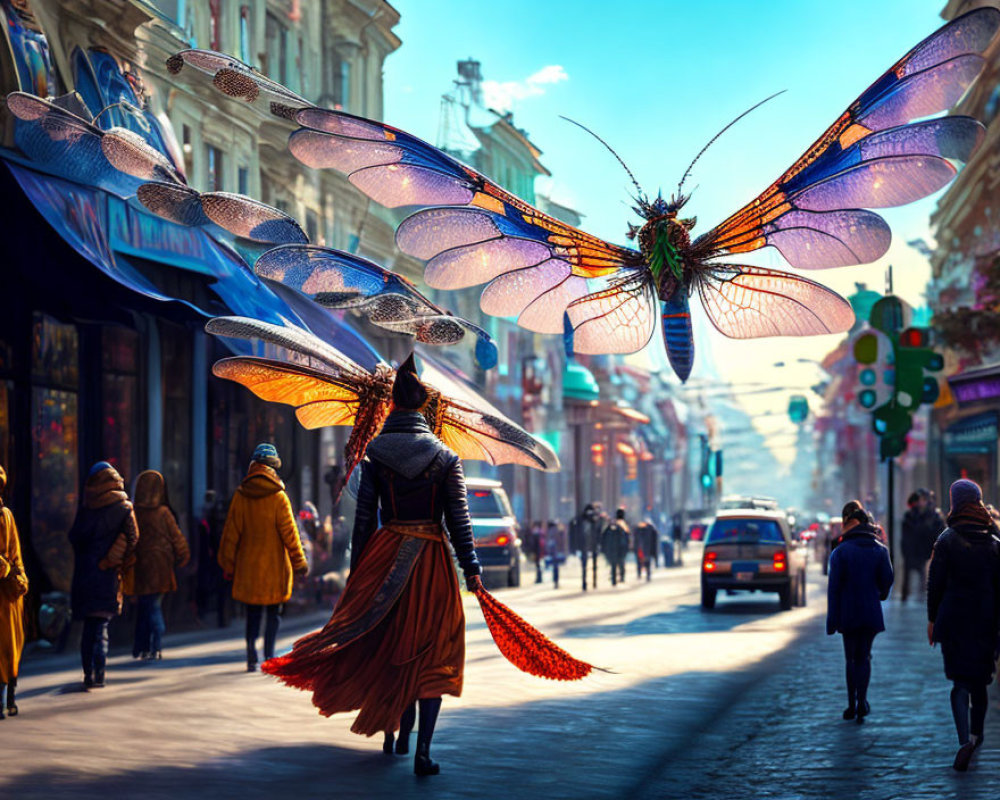 Giant dragonfly flies over vibrant city street in fantastical scene