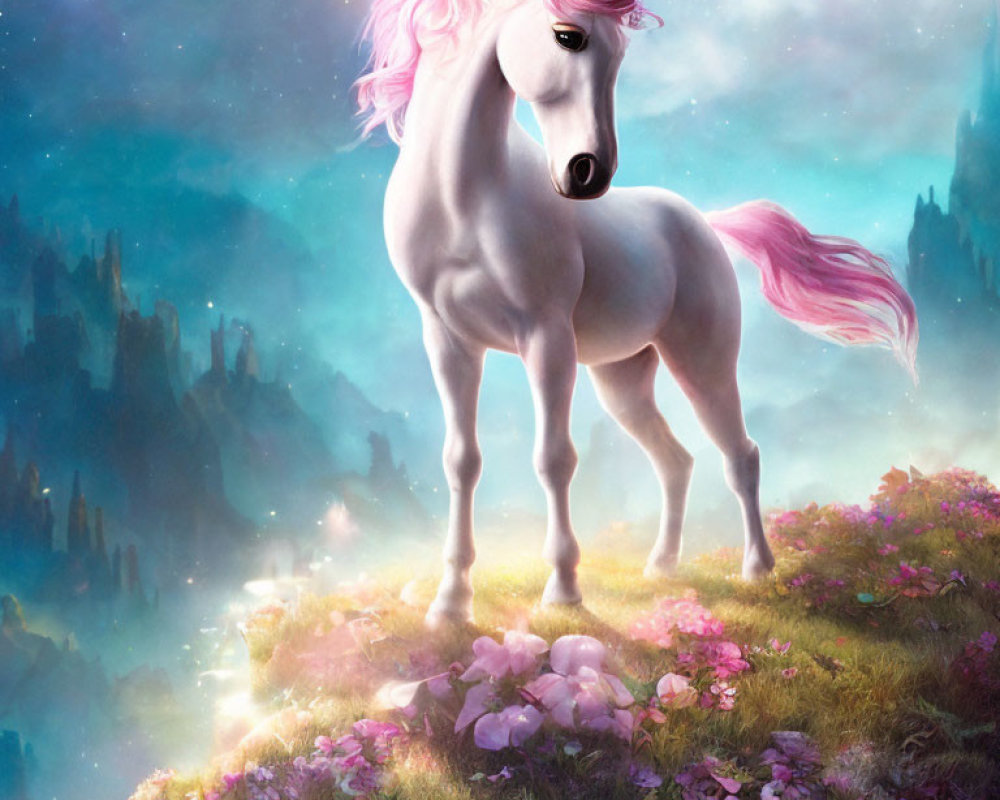 Majestic unicorn with pink mane on flowering hilltop in castle-filled landscape