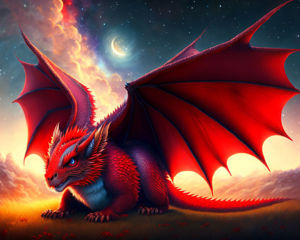 Detailed red and blue dragon in magical twilight with crescent moon and starry sky