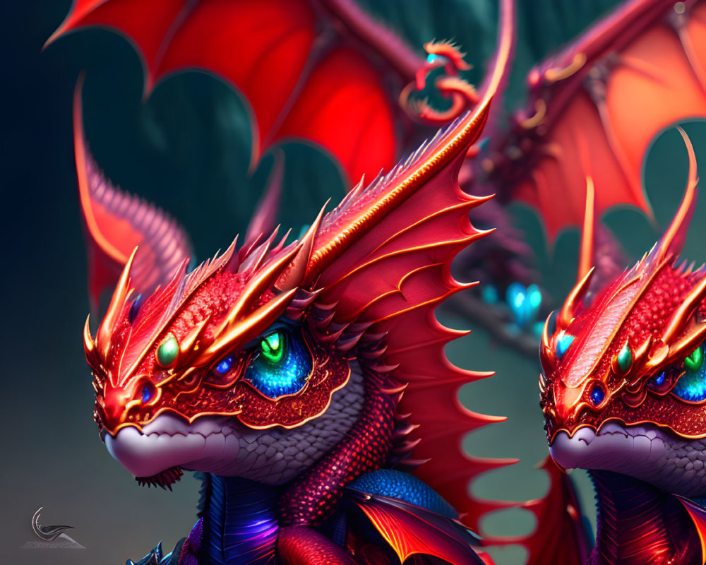 Detailed red-scaled dragon with blue eyes, horns, and unfurled wings.