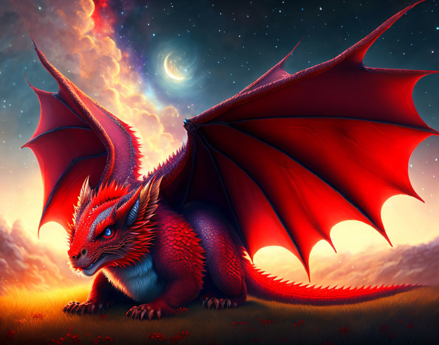 Detailed red and blue dragon in magical twilight with crescent moon and starry sky