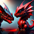 Red dragons facing each other on reflective surface with scattered rose petals