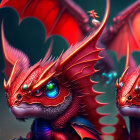 Detailed red-scaled dragon with blue eyes, horns, and unfurled wings.