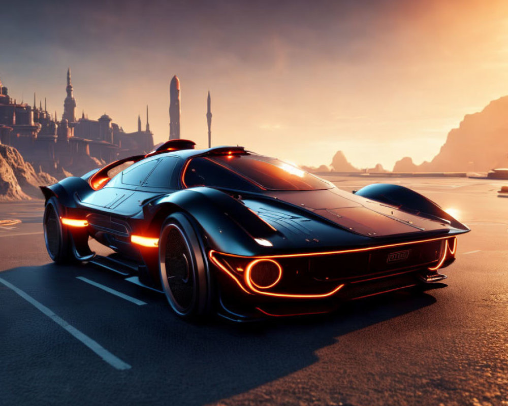 Futuristic sports car with glowing accents at sunset on city road