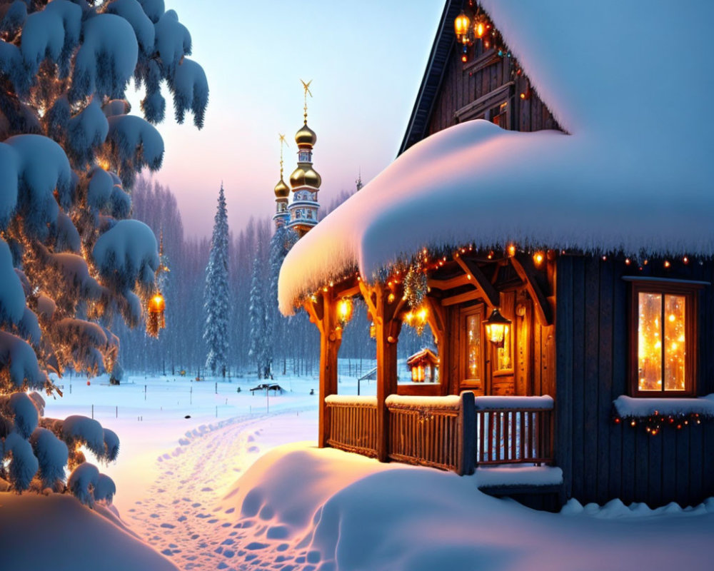 Snowy Twilight Scene: Cozy Wooden Cabin with Warm Lights