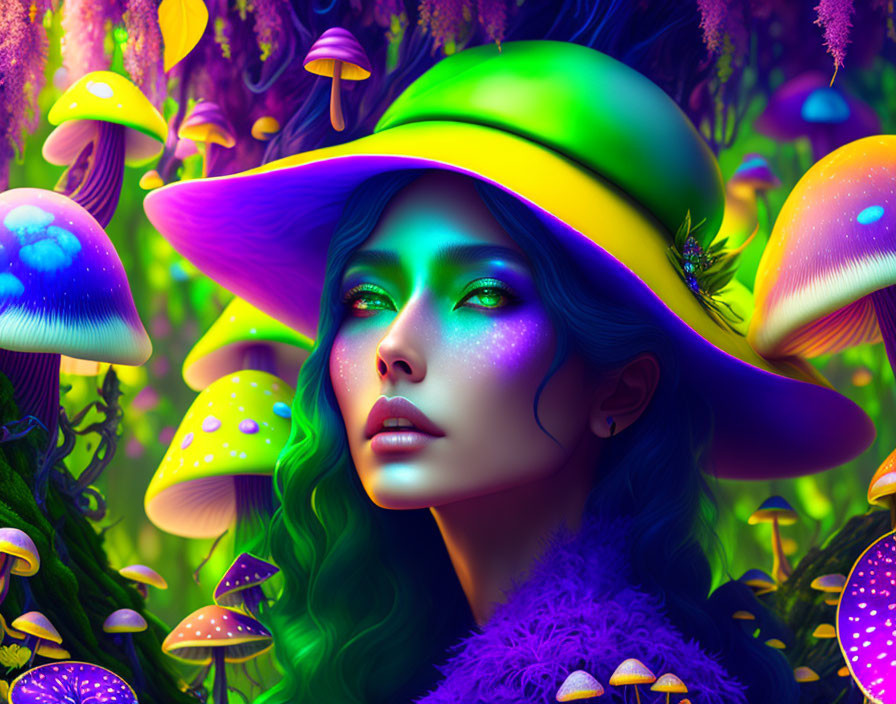 Portrait of woman with green hair, glowing makeup, colorful hat, amid luminescent mushrooms in fantasy