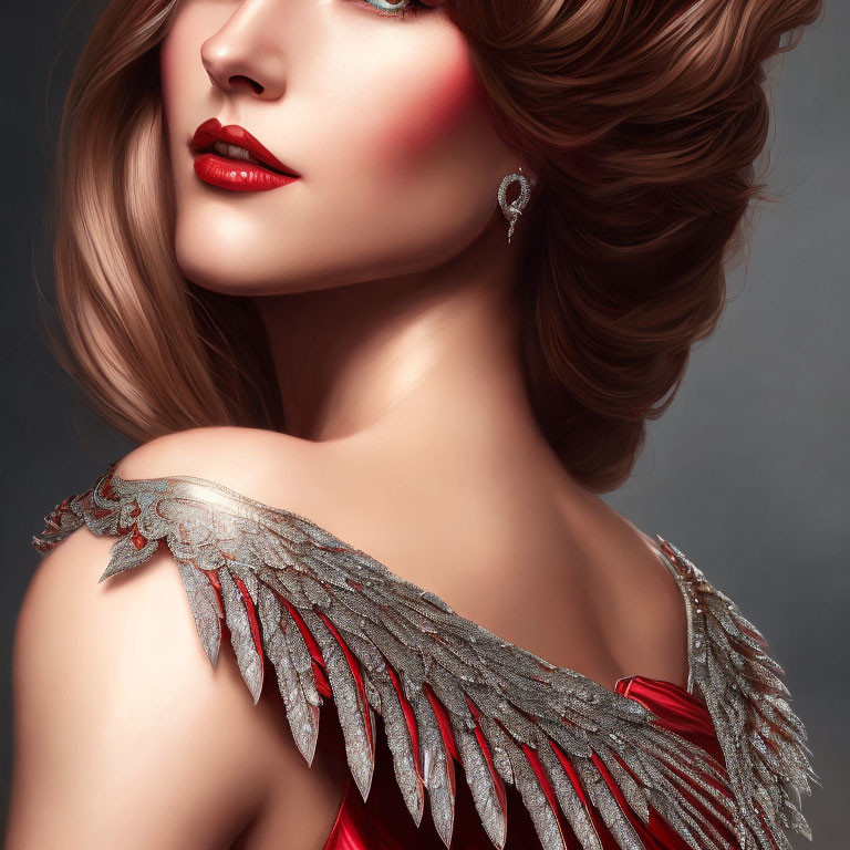 Stylized image of woman with glamorous makeup and metallic feathered shoulder piece