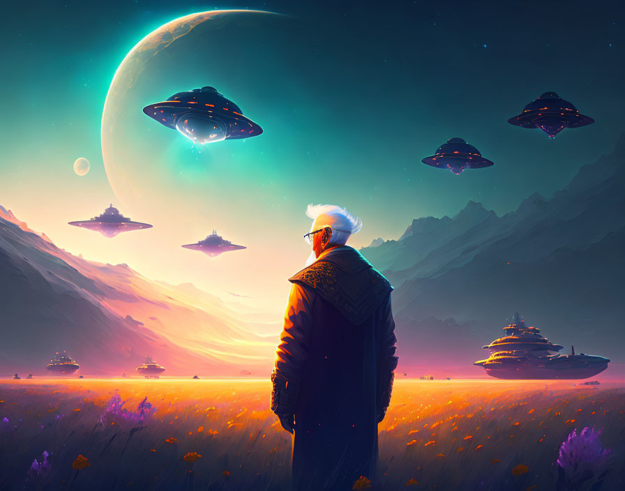 Elderly person gazes at surreal UFO-filled landscape