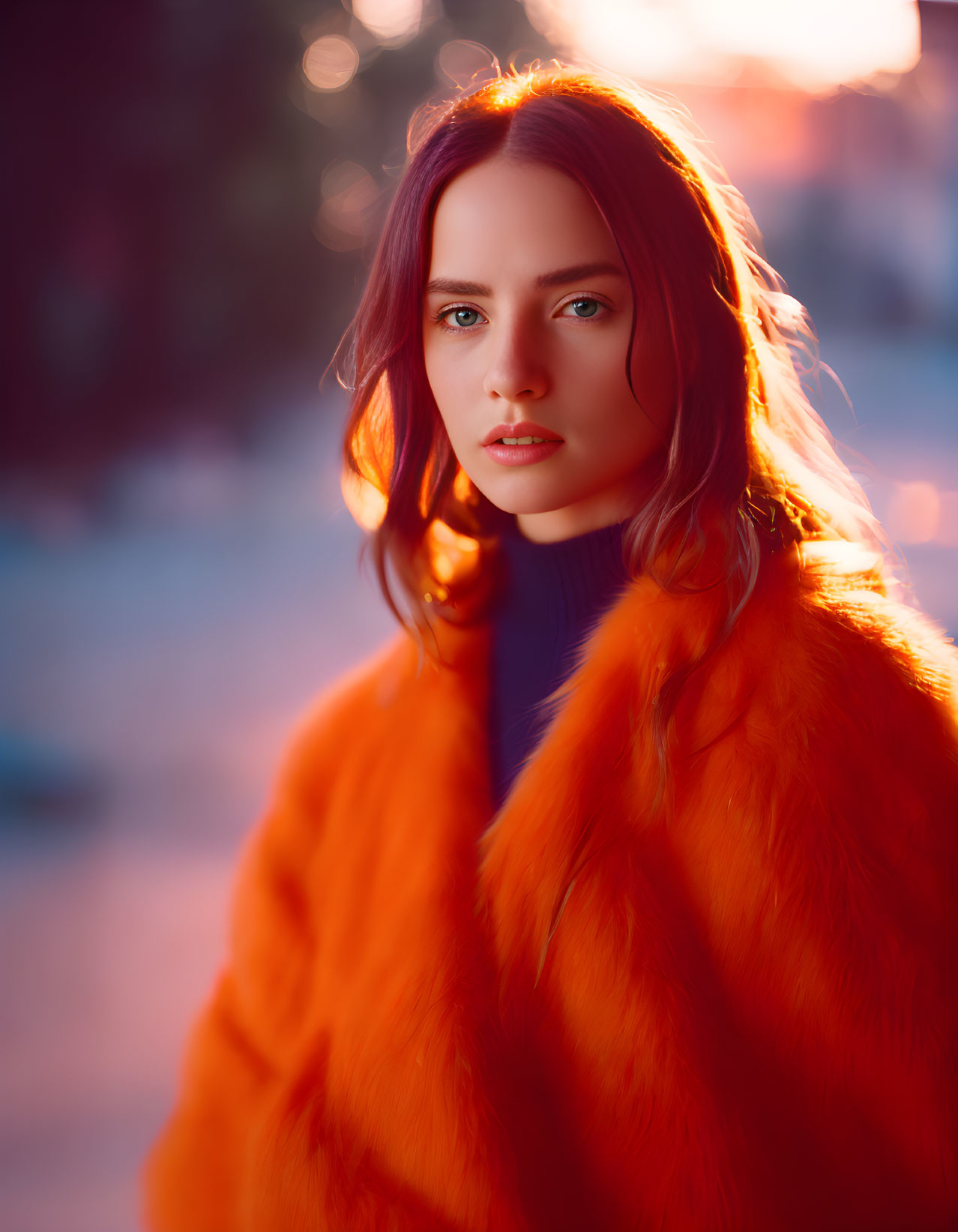 Fair-skinned woman in orange faux fur coat under golden sunset light