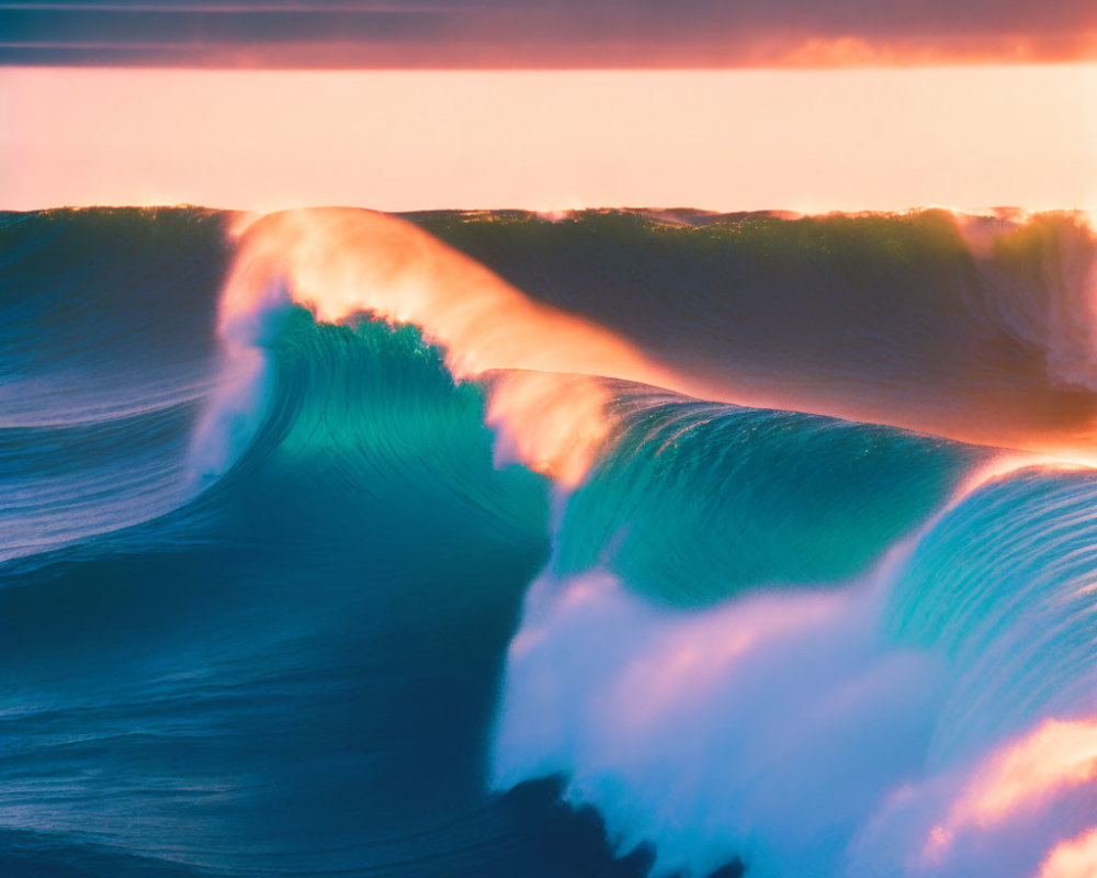 Colorful Ocean Wave with Pink and Purple Sunset Background