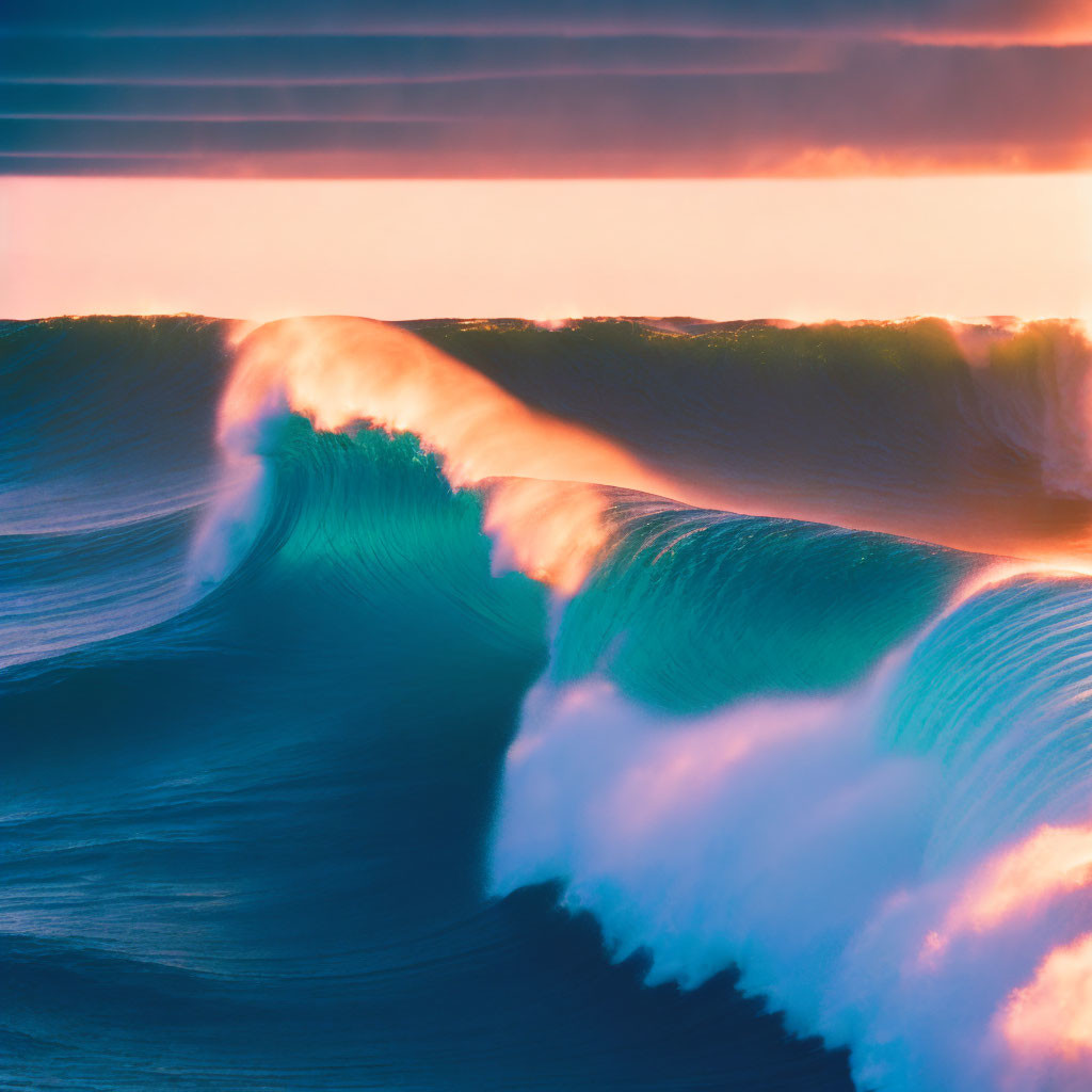 Colorful Ocean Wave with Pink and Purple Sunset Background