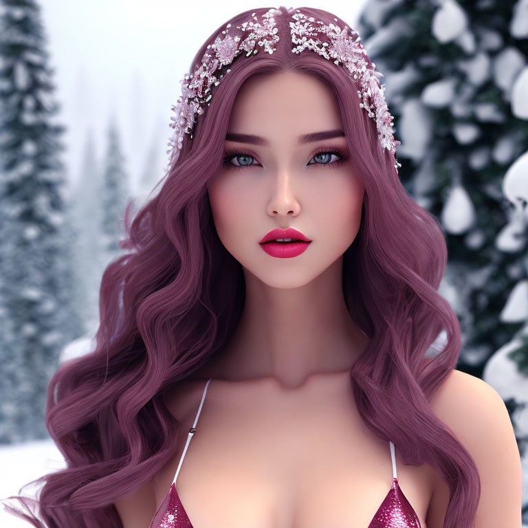 Digital artwork: Woman with purple hair, blue eyes, floral tiara, wintry forest background