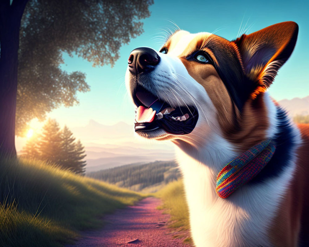 Brown and White Dog with Colorful Collar on Scenic Path at Sunset