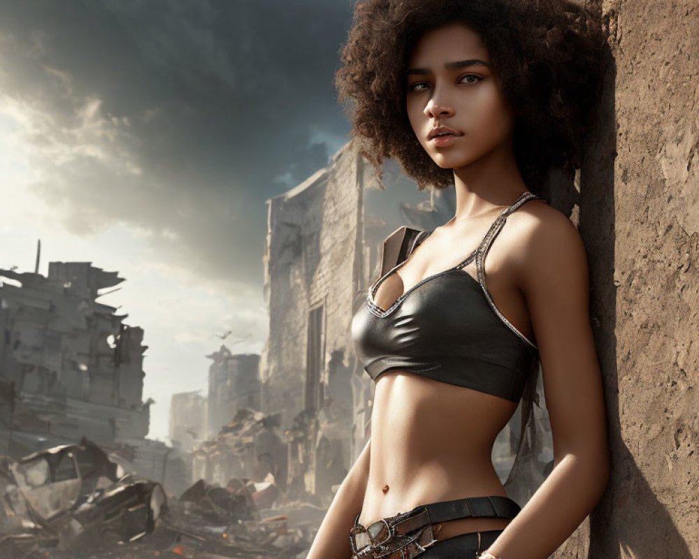 Woman with afro in dystopian setting, leaning against wall in black crop top and cargo pants under