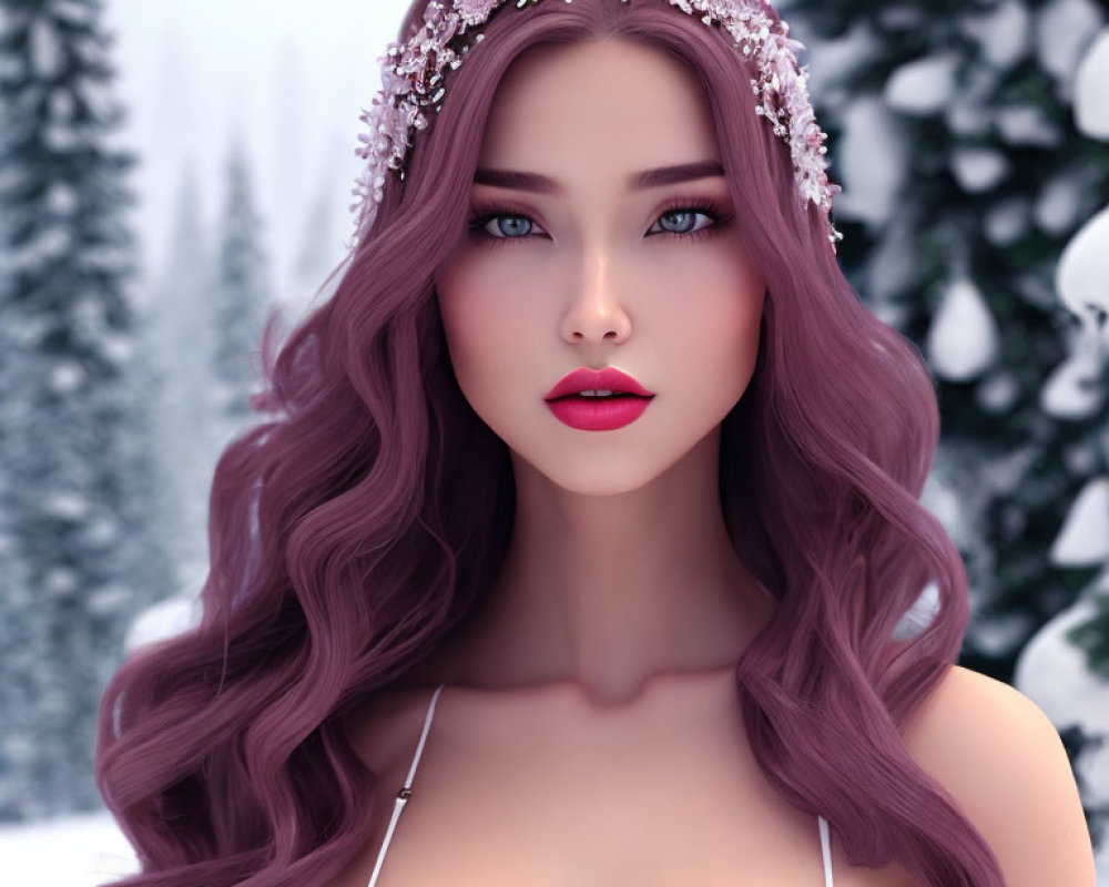 Digital artwork: Woman with purple hair, blue eyes, floral tiara, wintry forest background