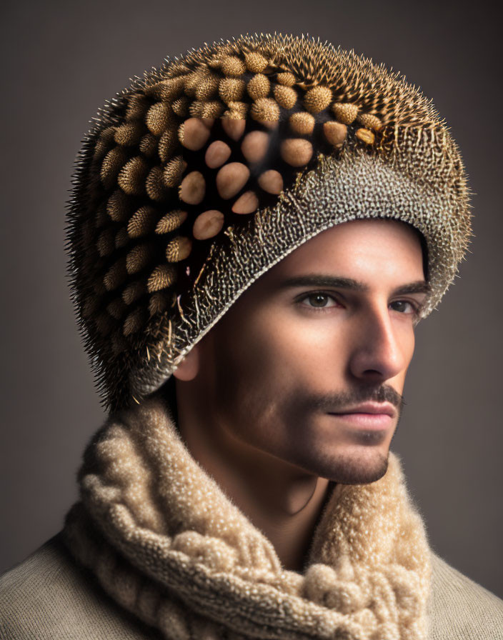 Man in Textured Hat and Turtleneck Sweater with Trimmed Beard