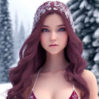 Digital artwork: Woman with purple hair, blue eyes, floral tiara, wintry forest background