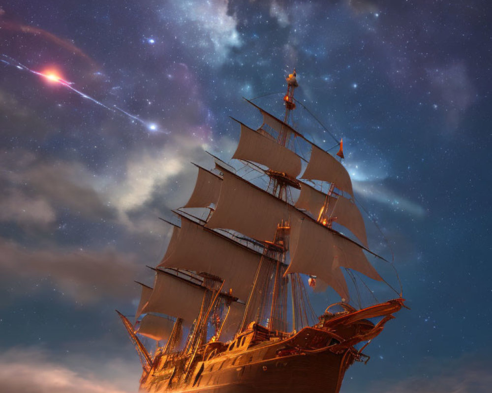 Tall ship sailing under starry night sky