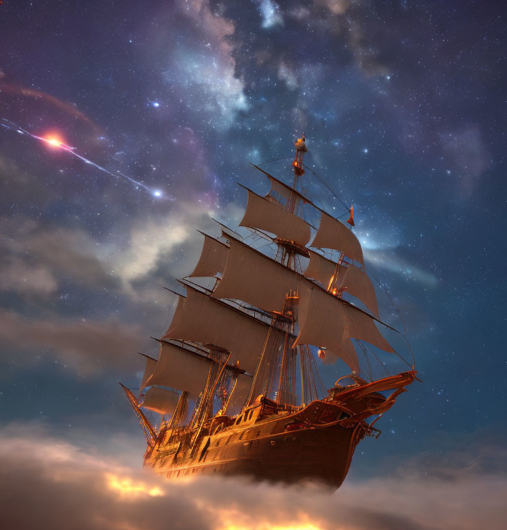 Tall ship sailing under starry night sky