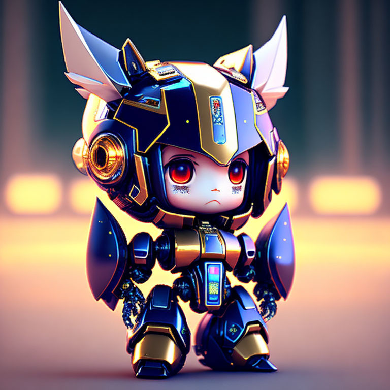 Adorable chibi-style robot in blue and gold armor with cat-like ears