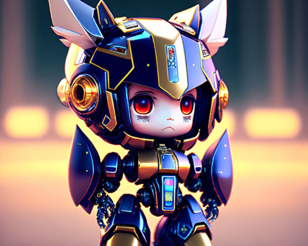 Adorable chibi-style robot in blue and gold armor with cat-like ears