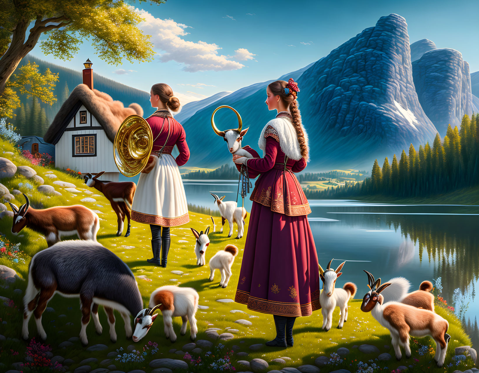 Two women in traditional attire with horn, goats, lake, and mountains.