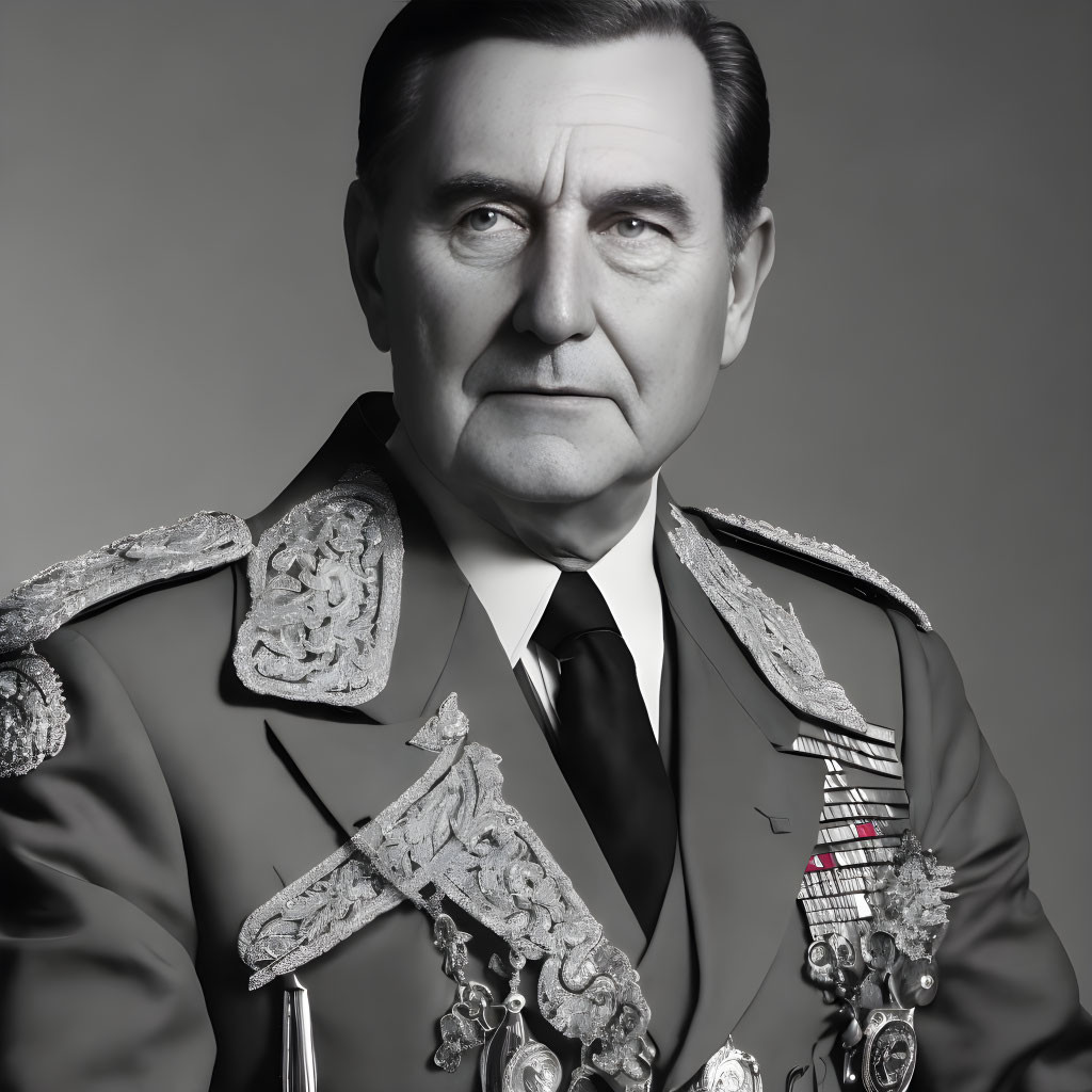 Monochrome portrait of man in decorated military uniform