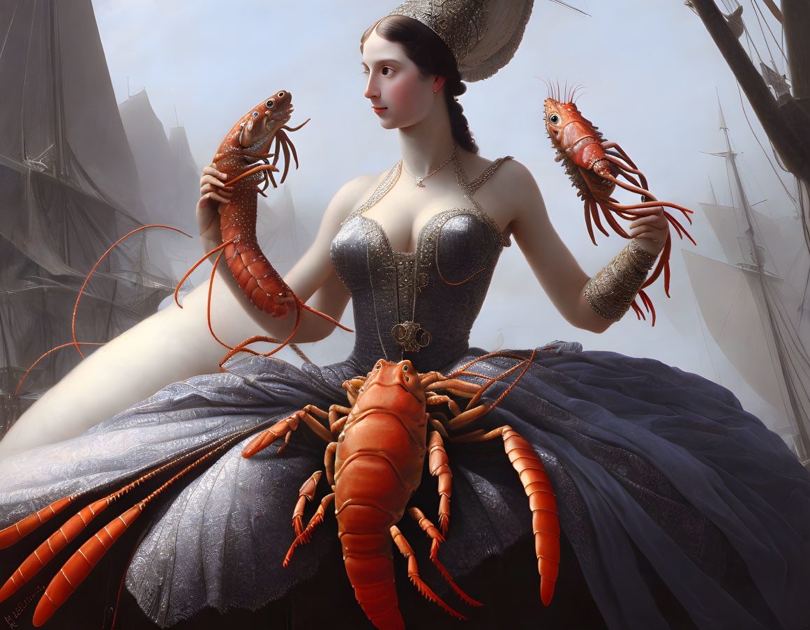 Surreal portrait of woman in corset dress with lobsters, misty ship background