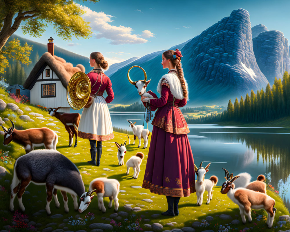 Two women in traditional attire with horn, goats, lake, and mountains.