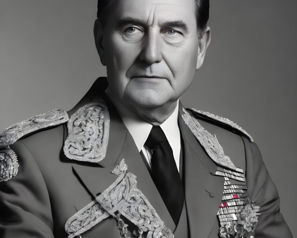 Monochrome portrait of man in decorated military uniform