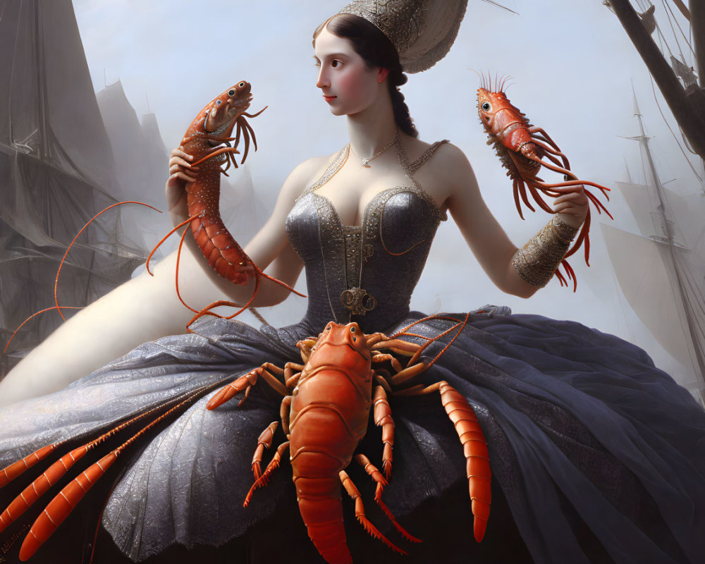 Surreal portrait of woman in corset dress with lobsters, misty ship background