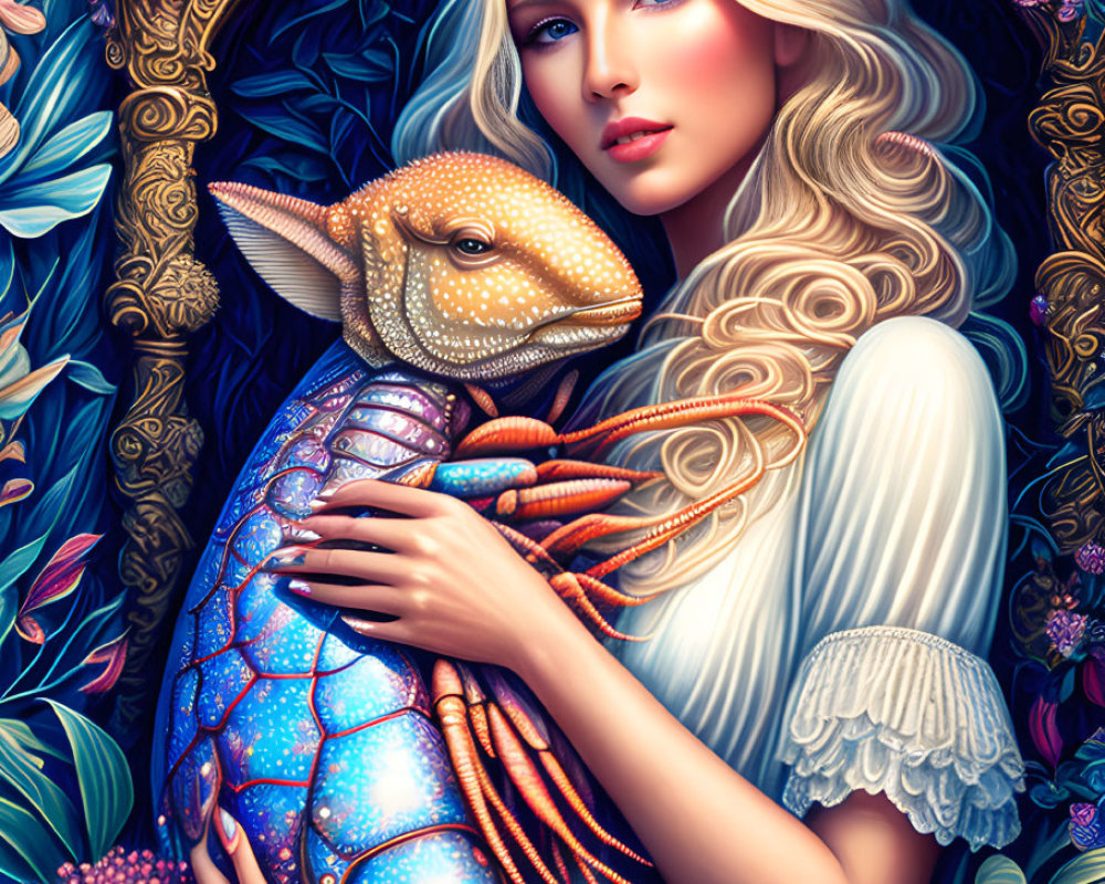 Blonde woman with fantastical armadillo creature in vibrant setting