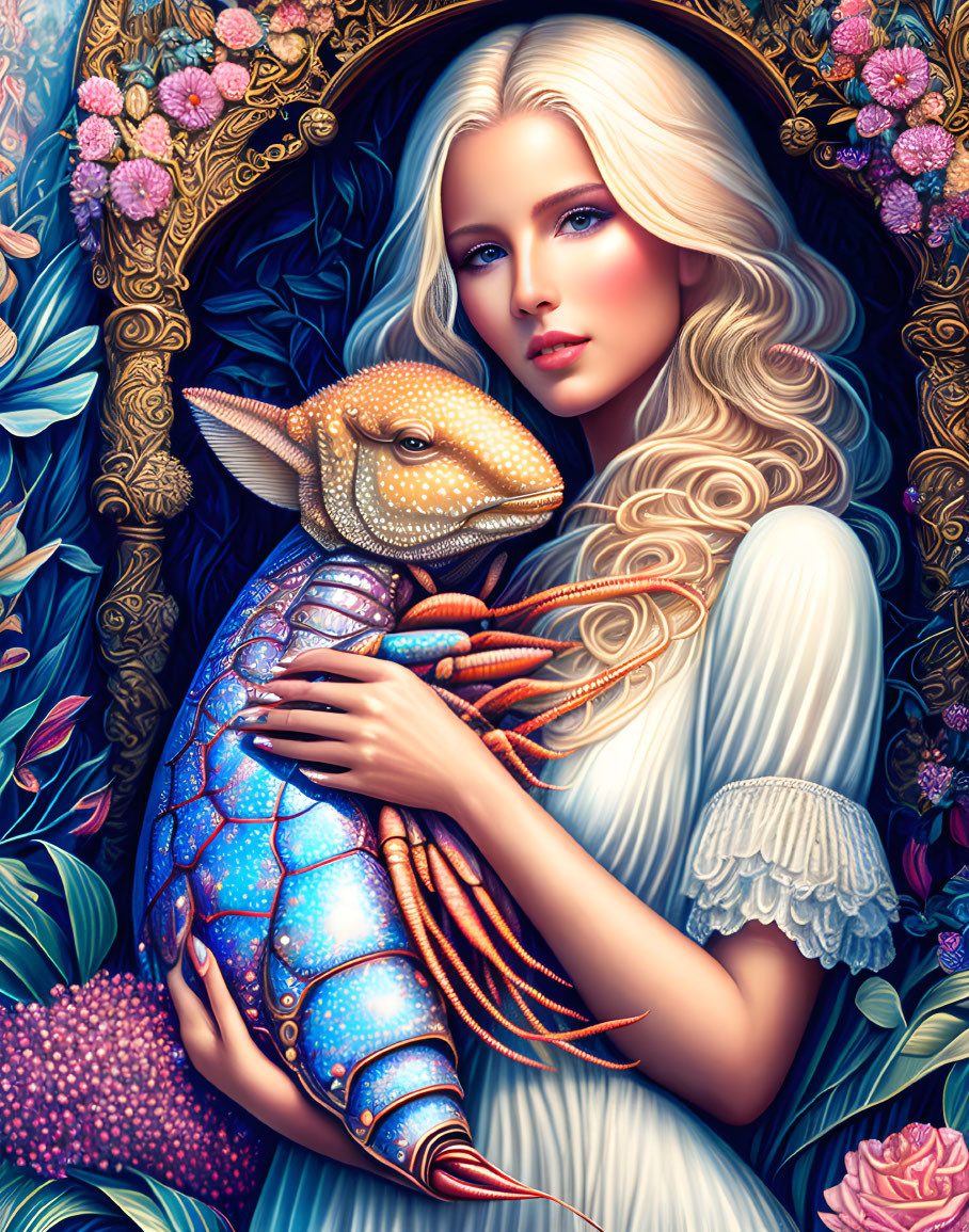 Blonde woman with fantastical armadillo creature in vibrant setting