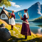 Two women in traditional attire with horn, goats, lake, and mountains.