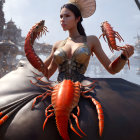 Surreal portrait of woman in corset dress with lobsters, misty ship background