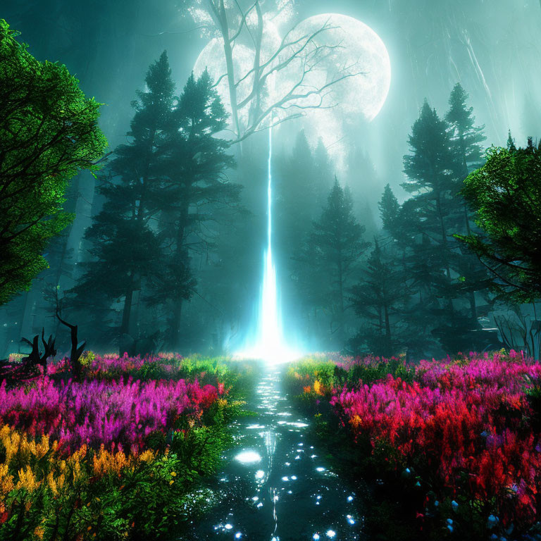 Enchanting forest scene with vibrant flowers under a large moon