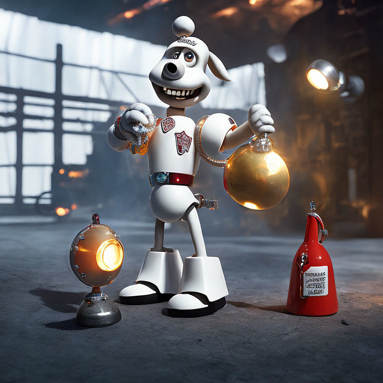 Cartoon-style robot with dog head holding golden bomb in dimly lit room