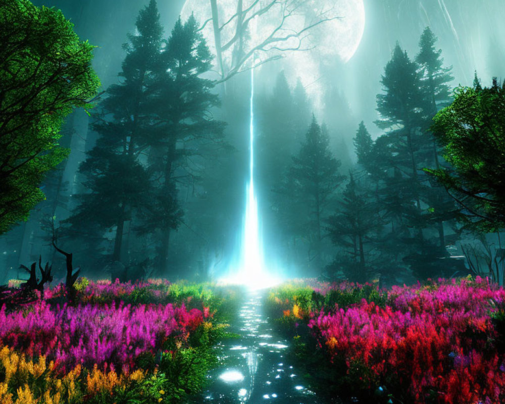 Enchanting forest scene with vibrant flowers under a large moon