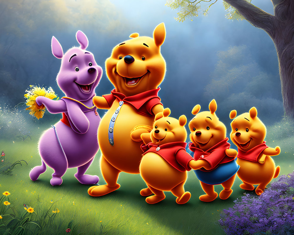 Adorable Winnie the Pooh and friends in sunny clearing with honey pot and flowers