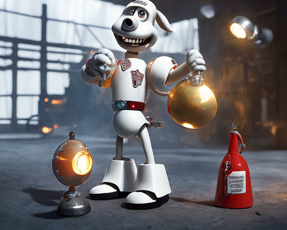 Cartoon-style robot with dog head holding golden bomb in dimly lit room