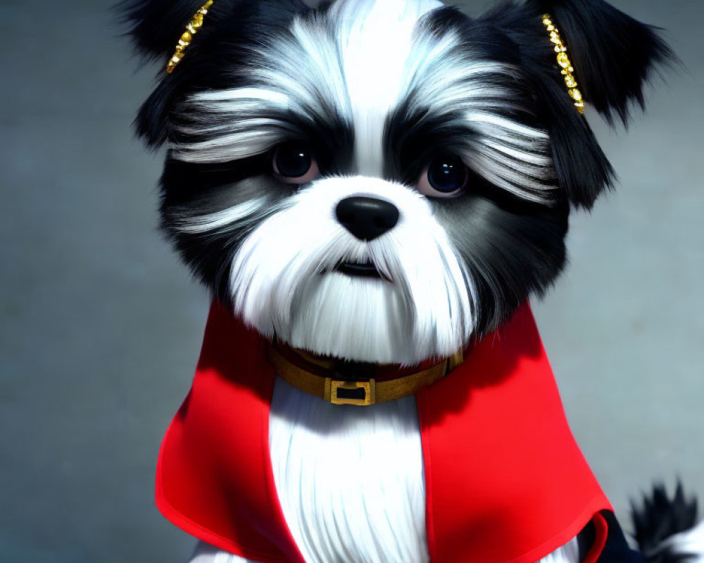 Digital artwork: Cute black and white dog with gold hair clips and red cape