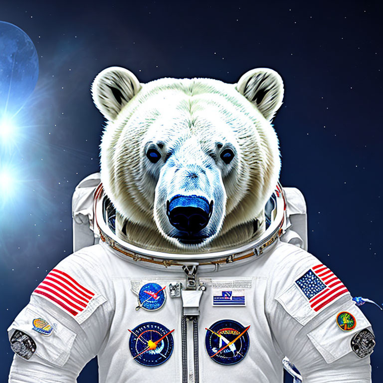 Polar Bear Head on Astronaut Suit in Space Background