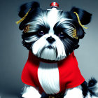 Digital artwork: Cute black and white dog with gold hair clips and red cape