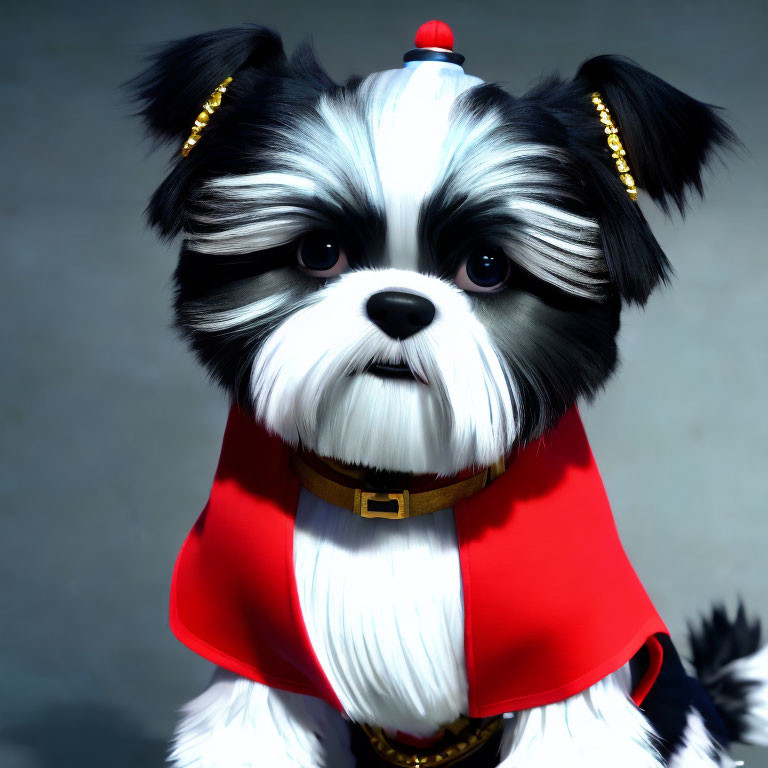 Digital artwork: Cute black and white dog with gold hair clips and red cape