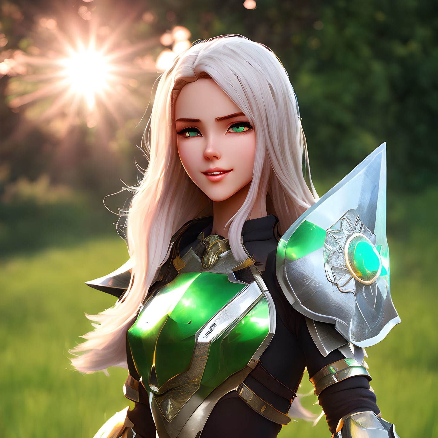 Female character in white hair and green armor holding silver axe in 3D illustration