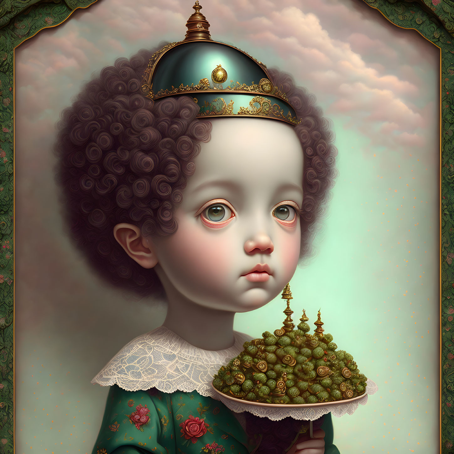 Surreal portrait of child with oversized head and crown, holding tiny trees