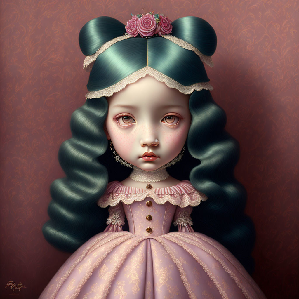 Portrait of doll-like girl in vintage pink dress with big eyes and blue bow.