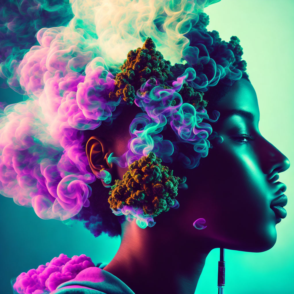 Woman profile with colorful smoke hair and flowers on teal background